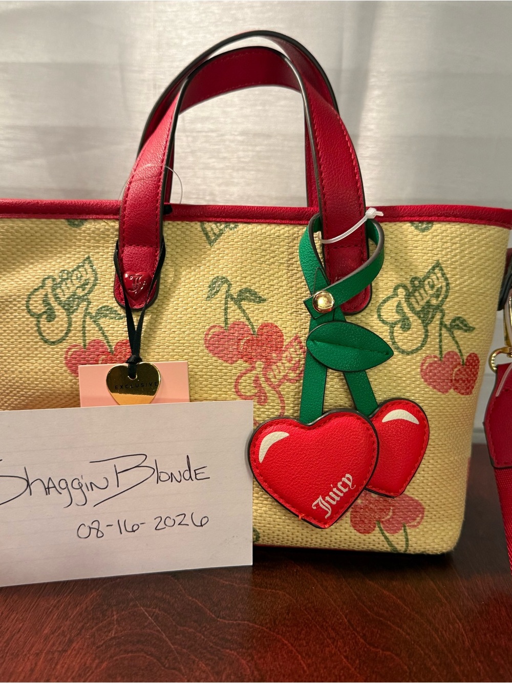 Juicy Couture Paradise Mini Bag w/ Red Trim, Cherry Print, & Cherry Heart Charm